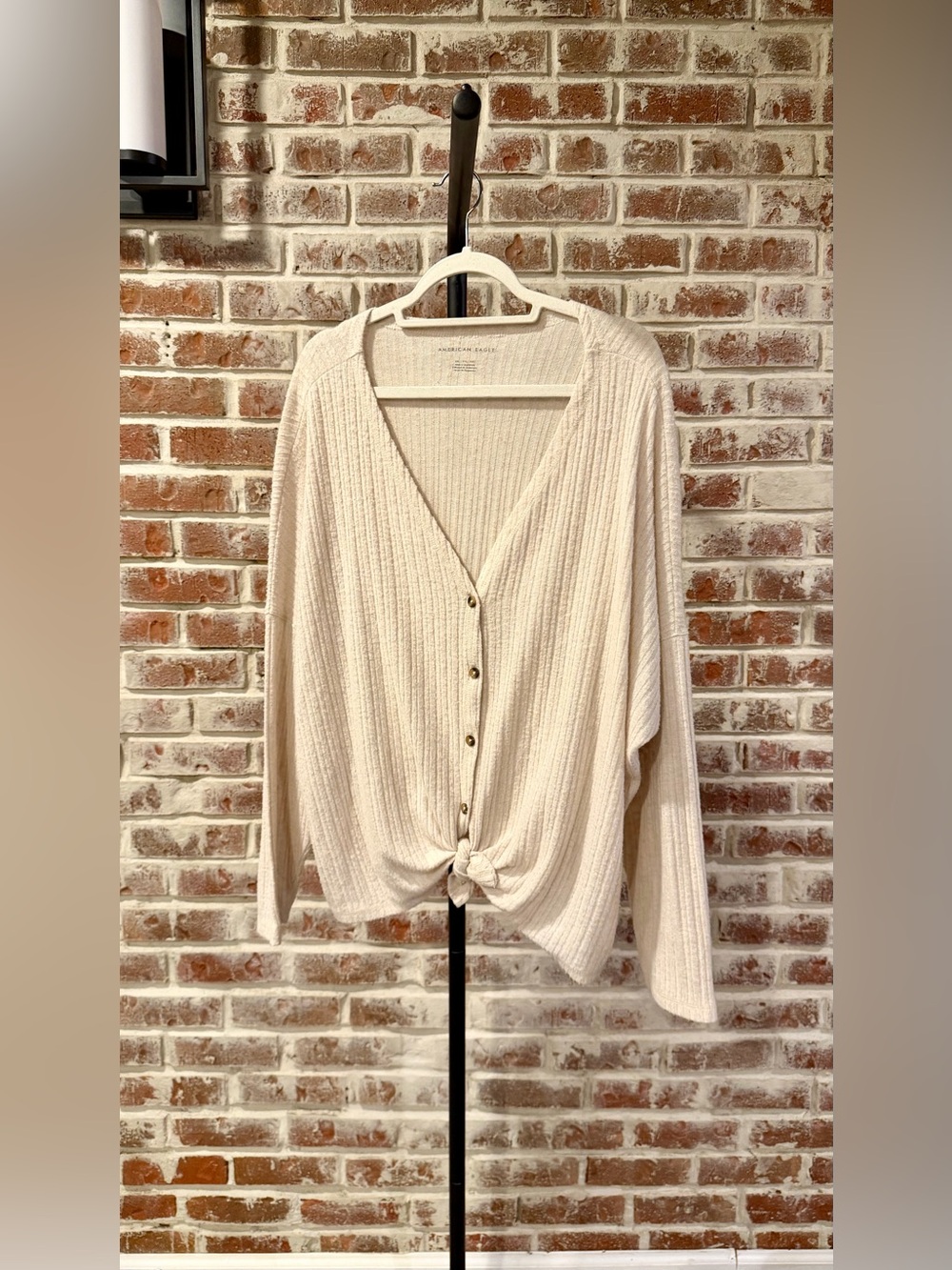 American Eagle Cream Ribbed Knit Button-Front Top